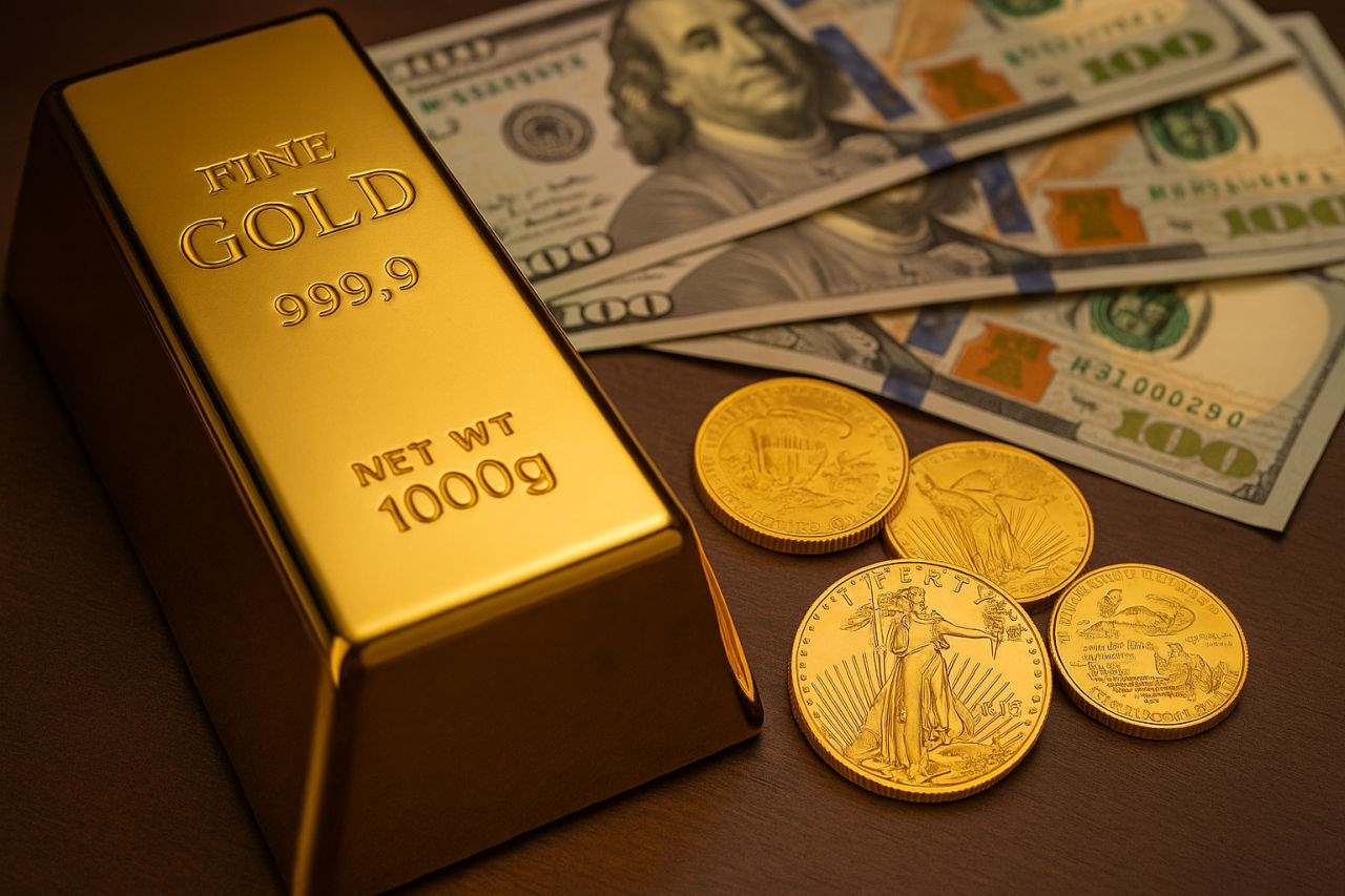 Un lingotto e alcune monete d'oro con delle banconote accanto sullo stesso piano