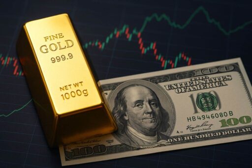 Una banconota in dollari e un lingotto d'oro con dei grafici a candele sullo sfondo