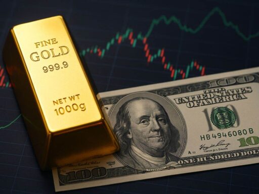 Una banconota in dollari e un lingotto d'oro con dei grafici a candele sullo sfondo