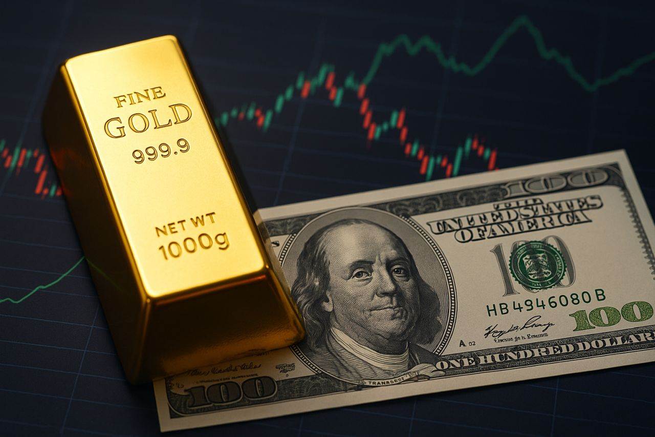 Una banconota in dollari e un lingotto d'oro con dei grafici a candele sullo sfondo