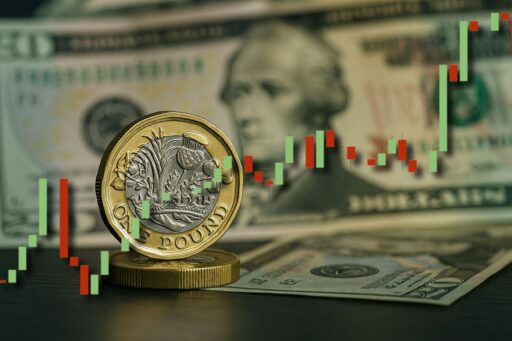 Un grafico a candele con una banconota e una moneta sullo sfondo
