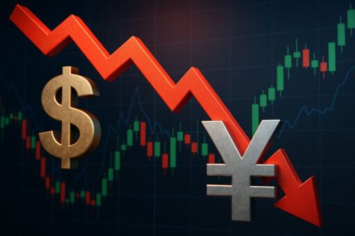 Un grafico a candele con una freccia che lo attraversa verso il basso tra il simbolo del dollaro Usa e lo Yen giapponese