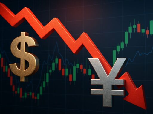 Un grafico a candele con una freccia che lo attraversa verso il basso tra il simbolo del dollaro Usa e lo Yen giapponese