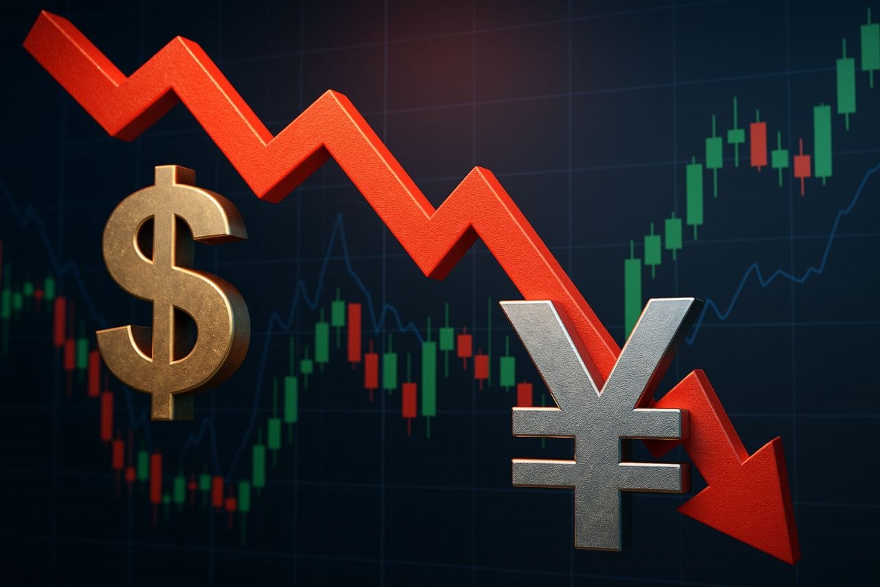 Un grafico a candele con una freccia che lo attraversa verso il basso tra il simbolo del dollaro Usa e lo Yen giapponese