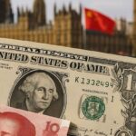Una banconota in dollari con Big Ben e Parlamento del Regno Unito sullo sfondo