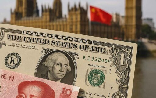Una banconota in dollari con Big Ben e Parlamento del Regno Unito sullo sfondo