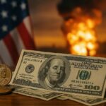 Una banconota da 1 dollaro con la bandiera degli USA sullo sfondo insieme a delle esplosioni