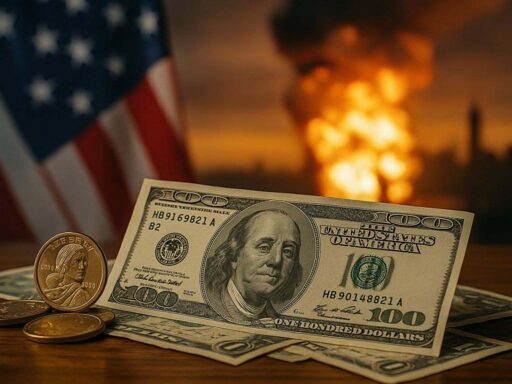 Una banconota da 1 dollaro con la bandiera degli USA sullo sfondo insieme a delle esplosioni