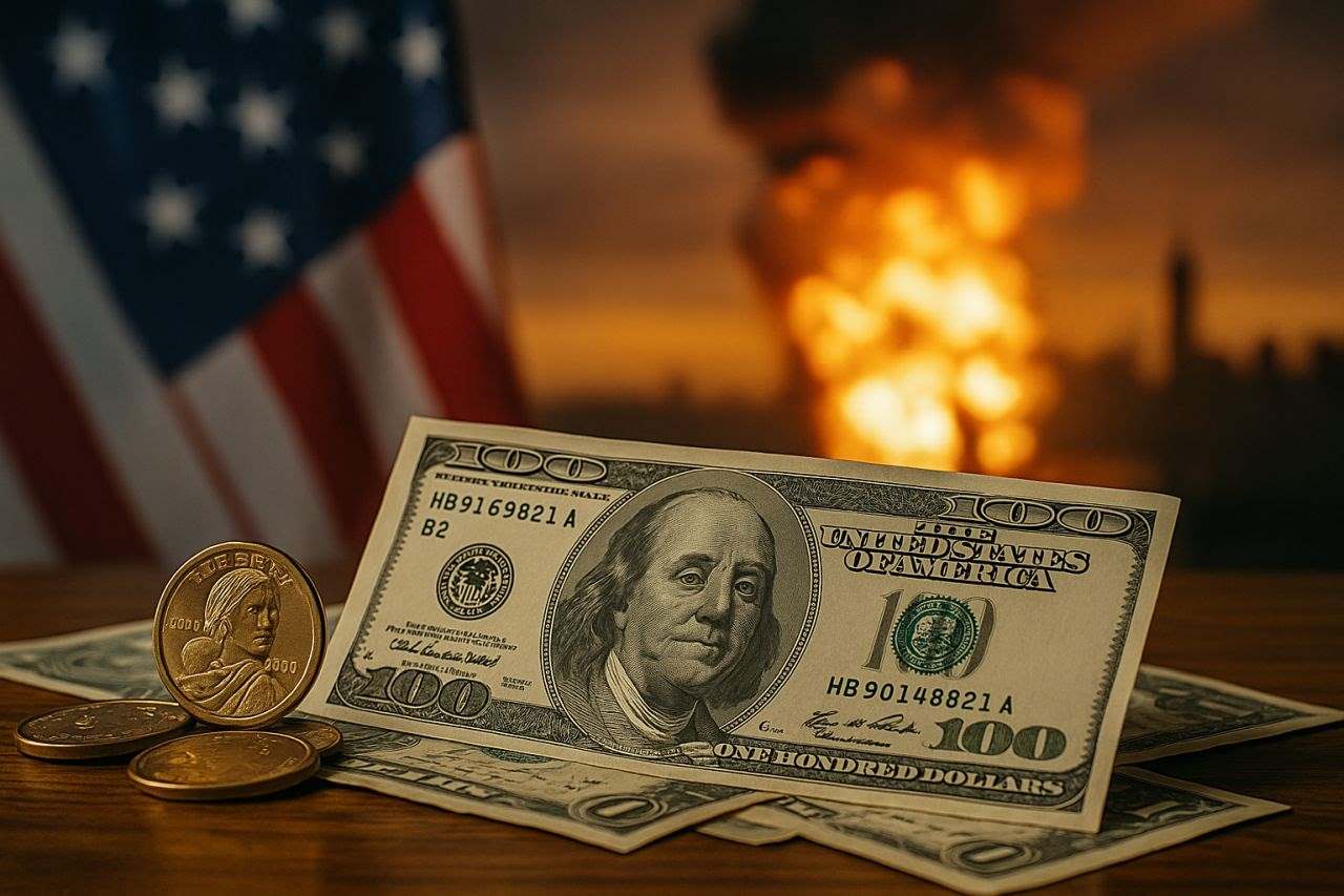 Una banconota da 1 dollaro con la bandiera degli USA sullo sfondo insieme a delle esplosioni