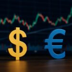Il simbolo del dollaro a sinistra e quello dell'euro a destra. Sullo sfondo dei grafici a candele