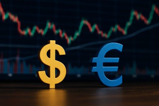 Il simbolo del dollaro a sinistra e quello dell'euro a destra. Sullo sfondo dei grafici a candele