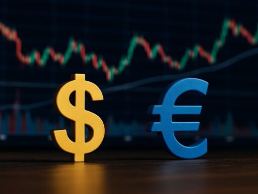 Il simbolo del dollaro a sinistra e quello dell'euro a destra. Sullo sfondo dei grafici a candele