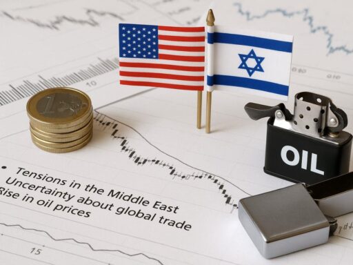 La bandierina degli USA e quella di Israele poggiate su alcuni fogli con dei grafici finanziari insieme a delle monete e un accendino con la scritta OIL