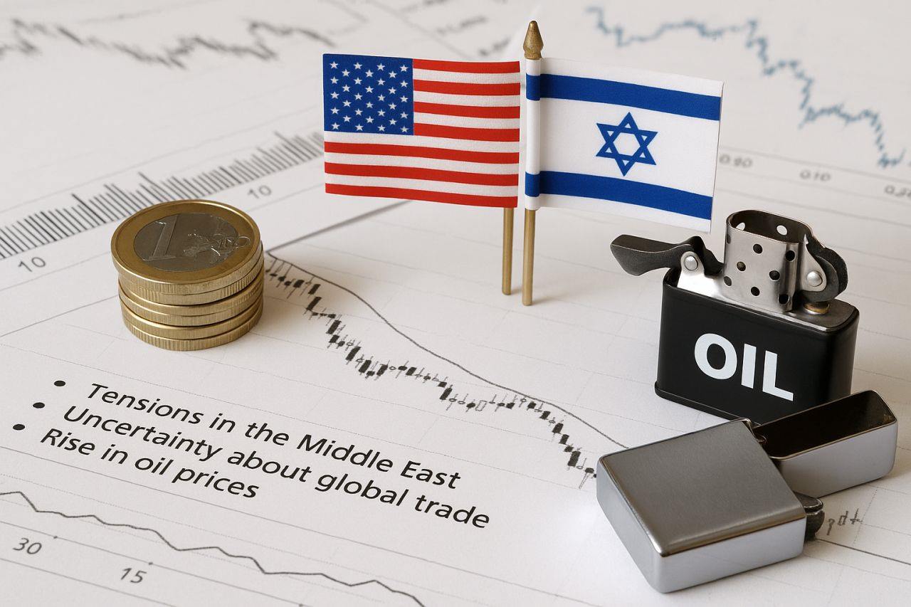 La bandierina degli USA e quella di Israele poggiate su alcuni fogli con dei grafici finanziari insieme a delle monete e un accendino con la scritta OIL