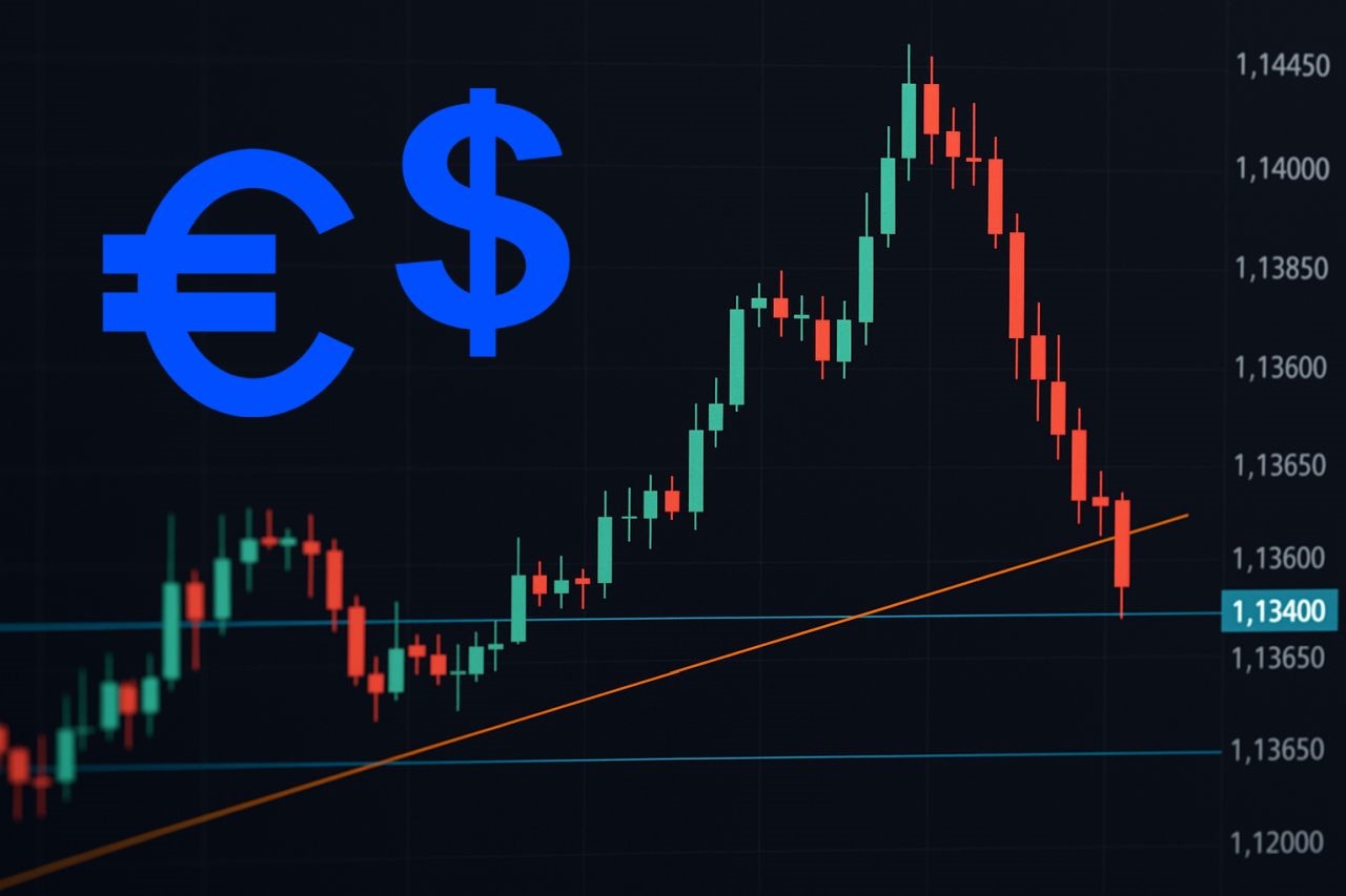 Il simbolo dell'euro e quello del dollaro in alto a sinistra. Sullo sfondo un grafico a candele
