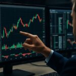 Un trader che indica dei grafici a candele su uno schermo