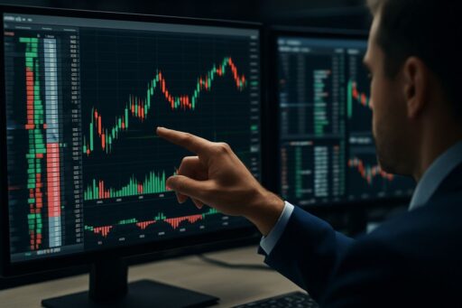 Un trader che indica dei grafici a candele su uno schermo