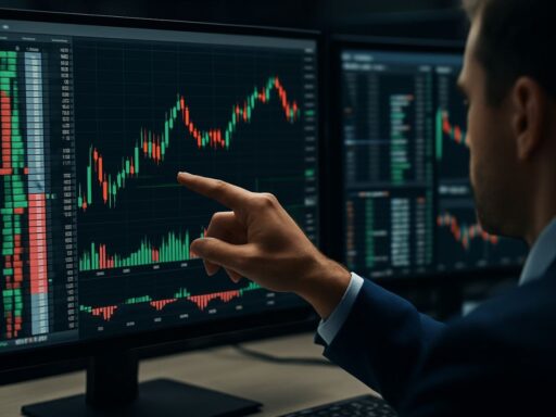 Un trader che indica dei grafici a candele su uno schermo