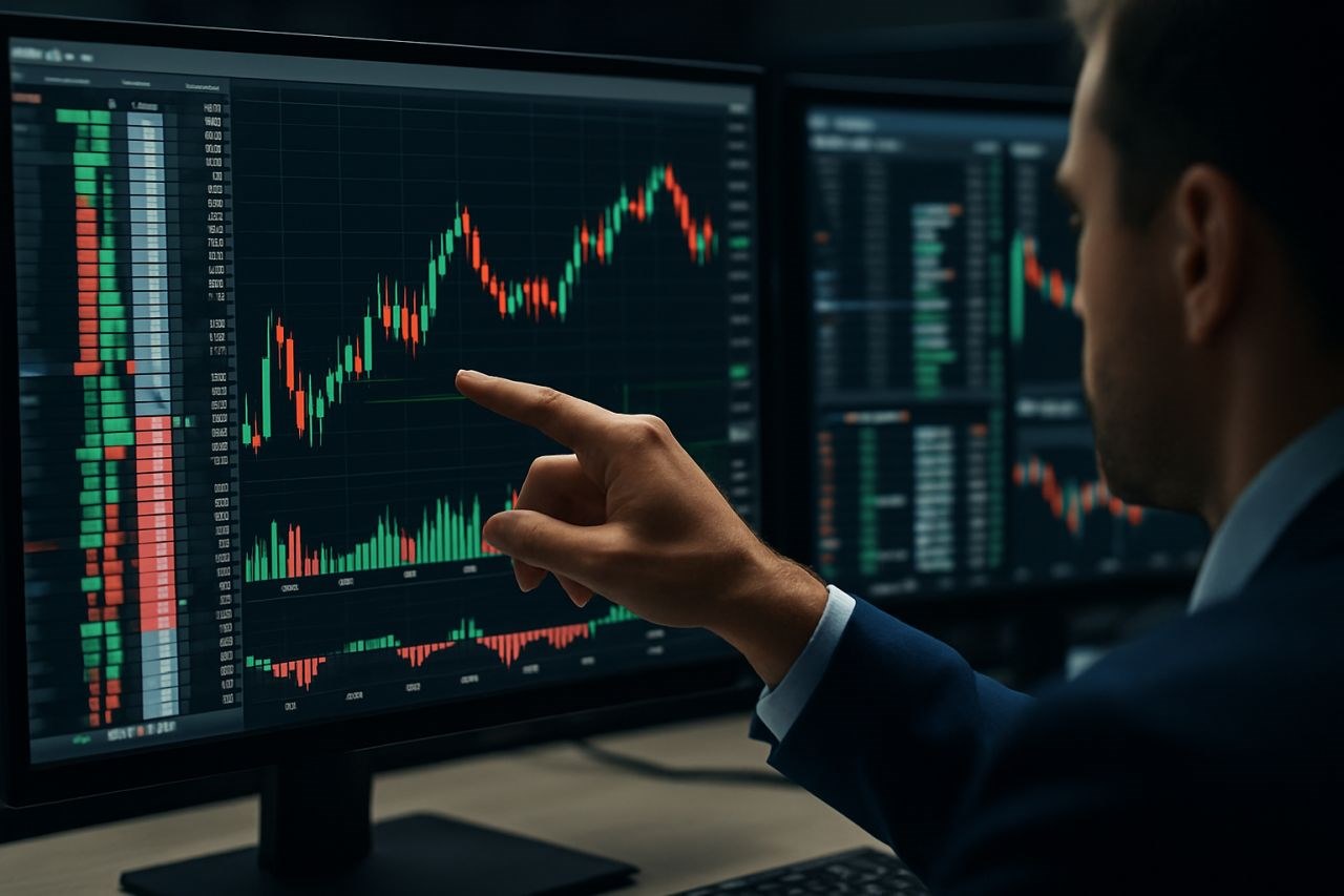Un trader che indica dei grafici a candele su uno schermo