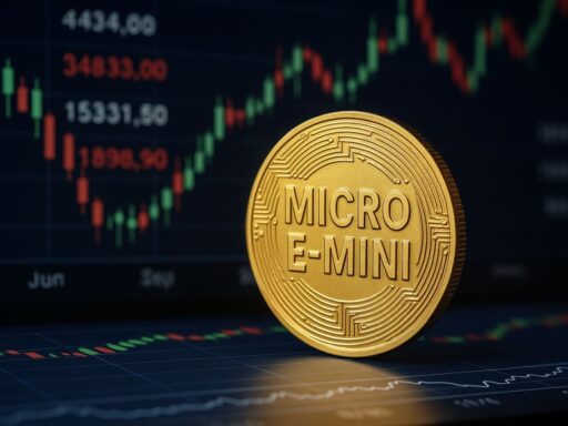 Una moneta con la scritta Micro E-Mini. Sullo sfondo dei grafici a candele e alcune cifre