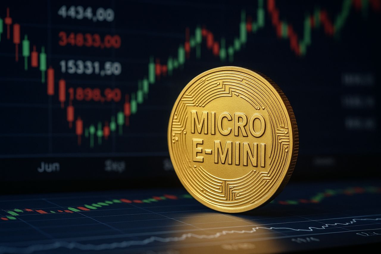 Una moneta con la scritta Micro E-Mini. Sullo sfondo dei grafici a candele e alcune cifre