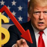 Primissimo piano di Donald Trump che punta il dito verso l'osservatore. In sovrimpressione il simbolo del dollaro e una freccia rossa verso il basso. Sullo sfondo la bandiera degli USA