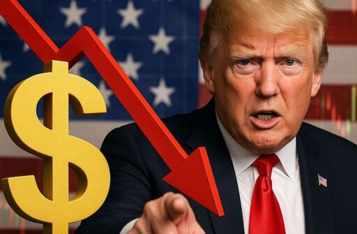 Primissimo piano di Donald Trump che punta il dito verso l'osservatore. In sovrimpressione il simbolo del dollaro e una freccia rossa verso il basso. Sullo sfondo la bandiera degli USA