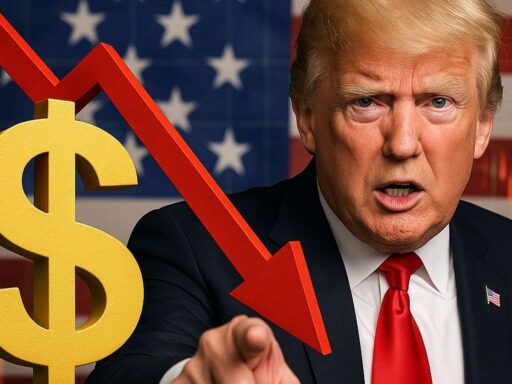 Primissimo piano di Donald Trump che punta il dito verso l'osservatore. In sovrimpressione il simbolo del dollaro e una freccia rossa verso il basso. Sullo sfondo la bandiera degli USA