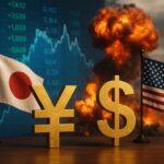 Il simbolo dello yen e quello del dollaro con le bandierine dei due stati sullo sfondo insieme a grafici finanziari e un'esplosione
