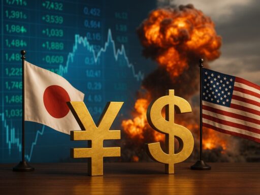 Il simbolo dello yen e quello del dollaro con le bandierine dei due stati sullo sfondo insieme a grafici finanziari e un'esplosione