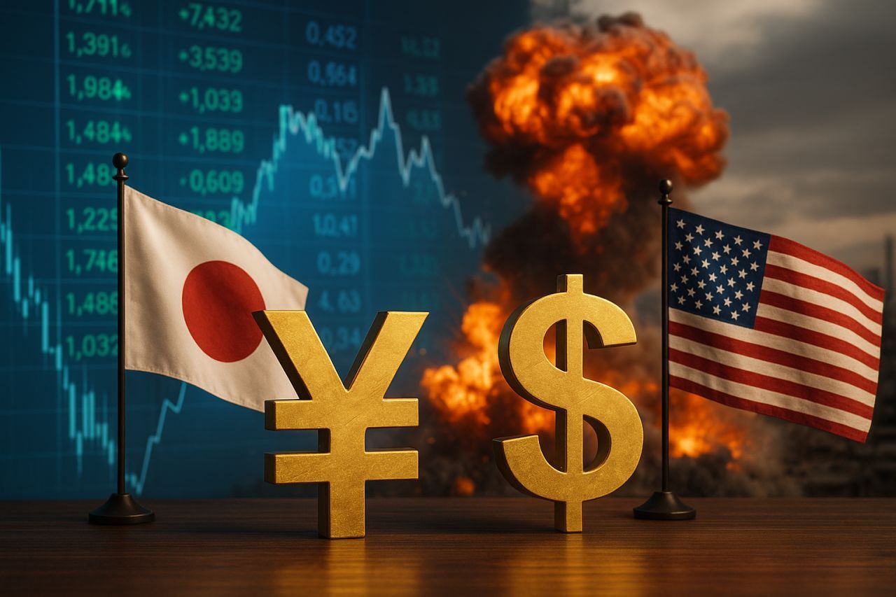 Il simbolo dello yen e quello del dollaro con le bandierine dei due stati sullo sfondo insieme a grafici finanziari e un'esplosione
