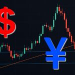 Il simbolo dello yen e quello del dollaro. Sullo sfondo un grafico a candele