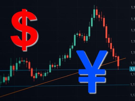 Il simbolo dello yen e quello del dollaro. Sullo sfondo un grafico a candele