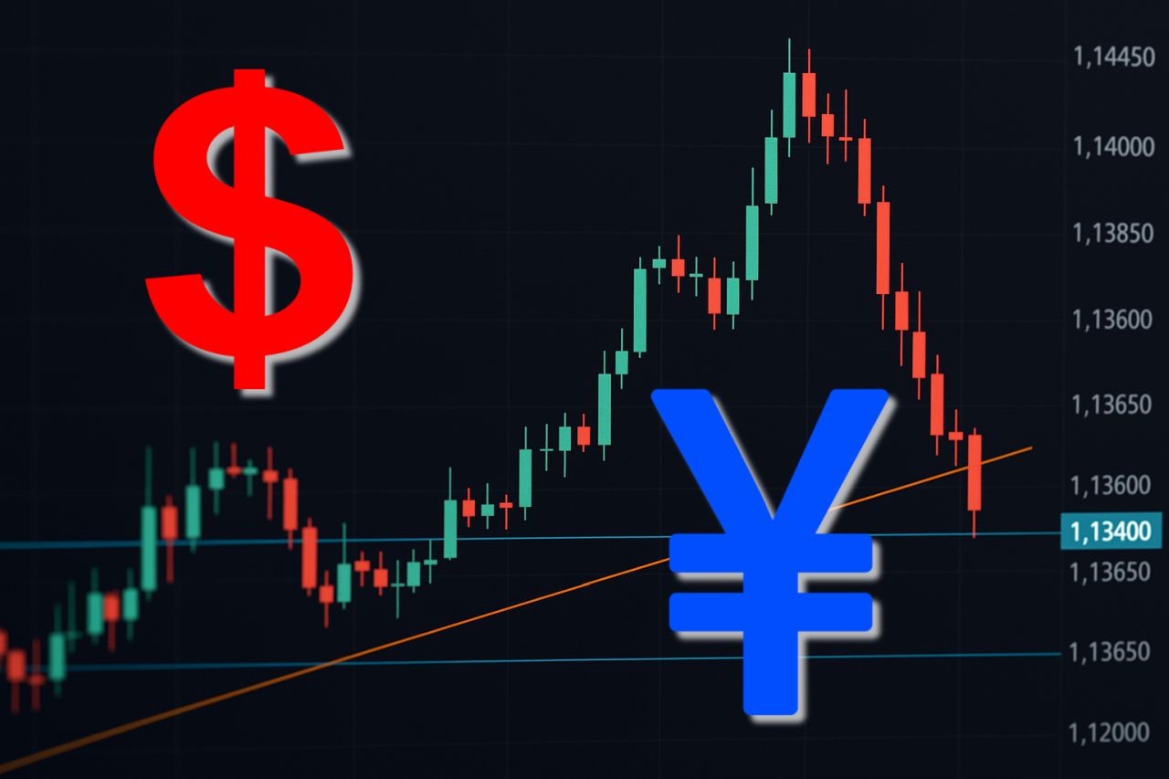Il simbolo dello yen e quello del dollaro. Sullo sfondo un grafico a candele