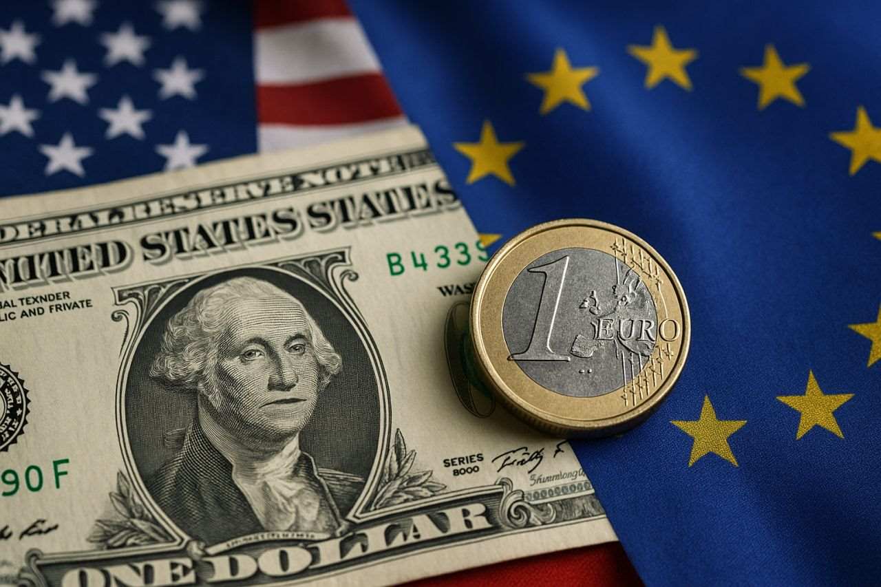 Una banconota da 1 dollaro e una moneta da 1 euro con la bandiera degli Usa e la bandiera dell'UE sullo sfondo