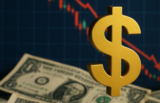 Un grafico a candele e il simbolo del dollaro in sovrimpressione insieme ad alcune banconote