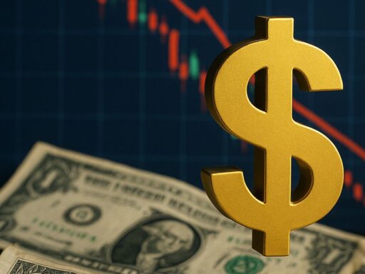 Un grafico a candele e il simbolo del dollaro in sovrimpressione insieme ad alcune banconote