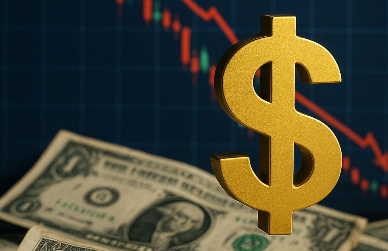 Un grafico a candele e il simbolo del dollaro in sovrimpressione insieme ad alcune banconote