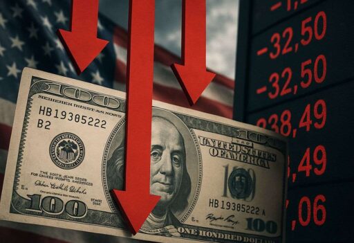 Una banconota da 100 dollari con la bandiera degli Usa sullo sfondo e delle frecce rosse verso il basso in sovrimpressione