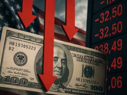 Una banconota da 100 dollari con la bandiera degli Usa sullo sfondo e delle frecce rosse verso il basso in sovrimpressione