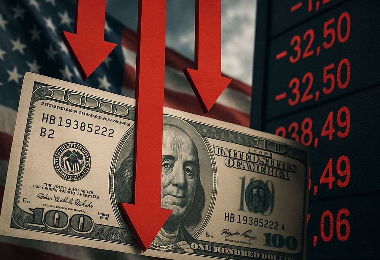Una banconota da 100 dollari con la bandiera degli Usa sullo sfondo e delle frecce rosse verso il basso in sovrimpressione