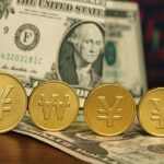 Alcune monete in valute asiatiche una accanto all'altra. Sullo sfondo una banconota in dollari