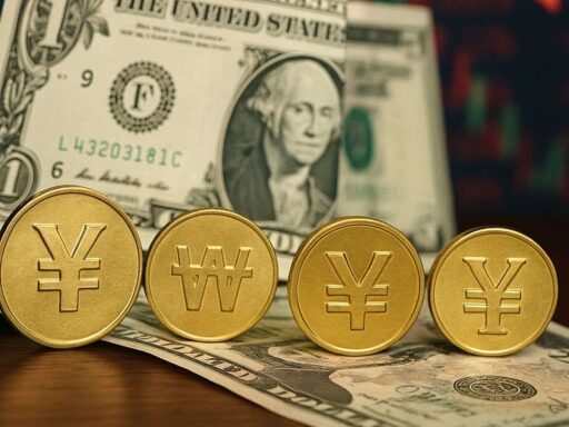Alcune monete in valute asiatiche una accanto all'altra. Sullo sfondo una banconota in dollari