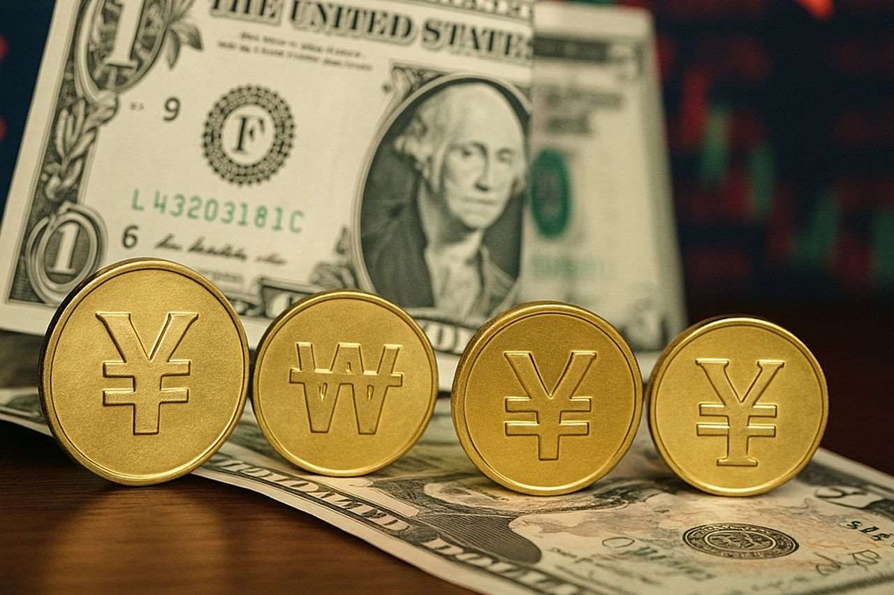 Alcune monete in valute asiatiche una accanto all'altra. Sullo sfondo una banconota in dollari